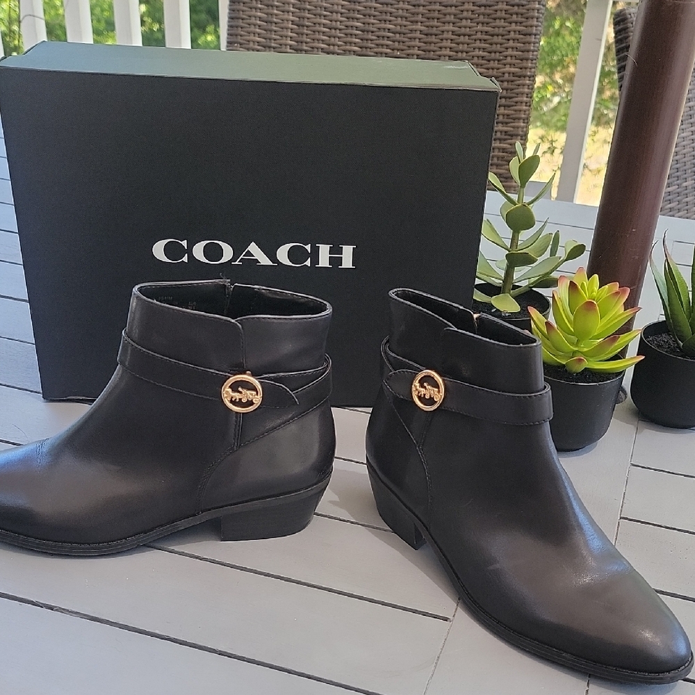 Coach Black Leather Ankle Booties with Gold Hardware